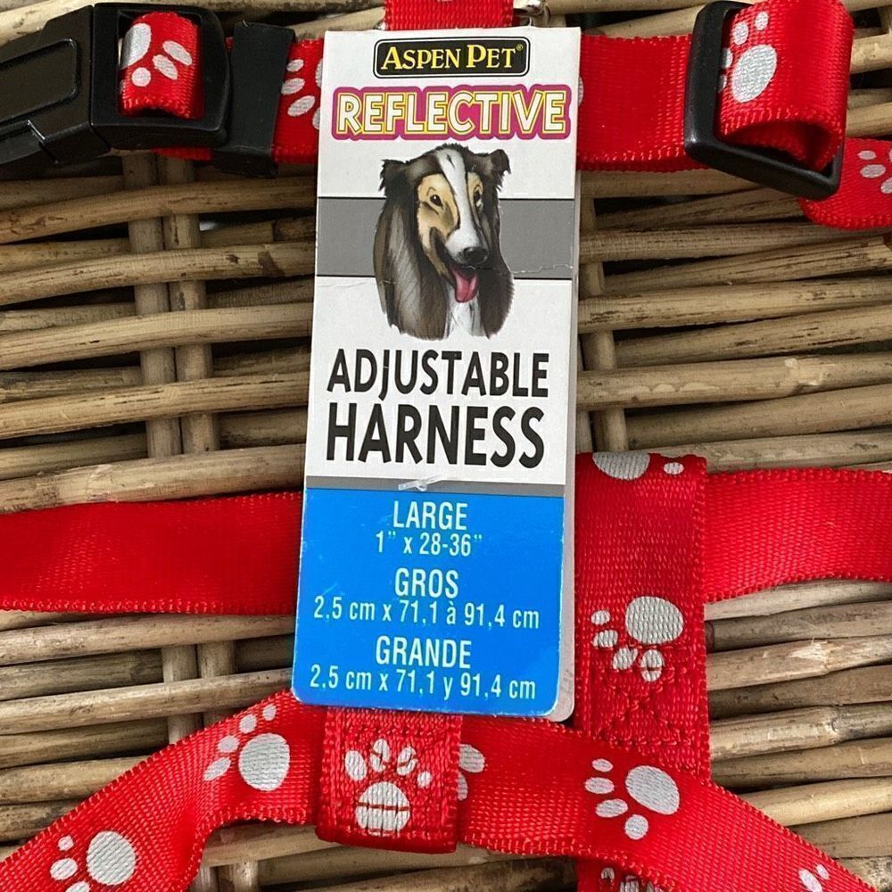 Nylon Dog Harness Reflective Adjustable Red Paws Large 1”x28-36” Aspen Pet NWT